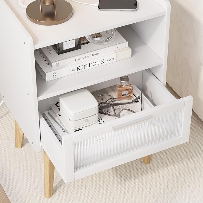 MMEOLUOOK Nightstand with Charging Station, Bedside Tables with Glass Decorative Door, End Table Side Table with 2 Tiers Storage Space, for Bedroom, Living Room, White CAMLBZ07WE