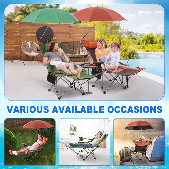 Yuntau 2 Set Reclining Beach Chairs with UPF 50+ Umbrellas Shade, Upgraded Heavy Duty Portable Folding Lounge Camping Chair with Canopy Removable Footrest & Headrest for Outdoor Patio(Orange,Green)