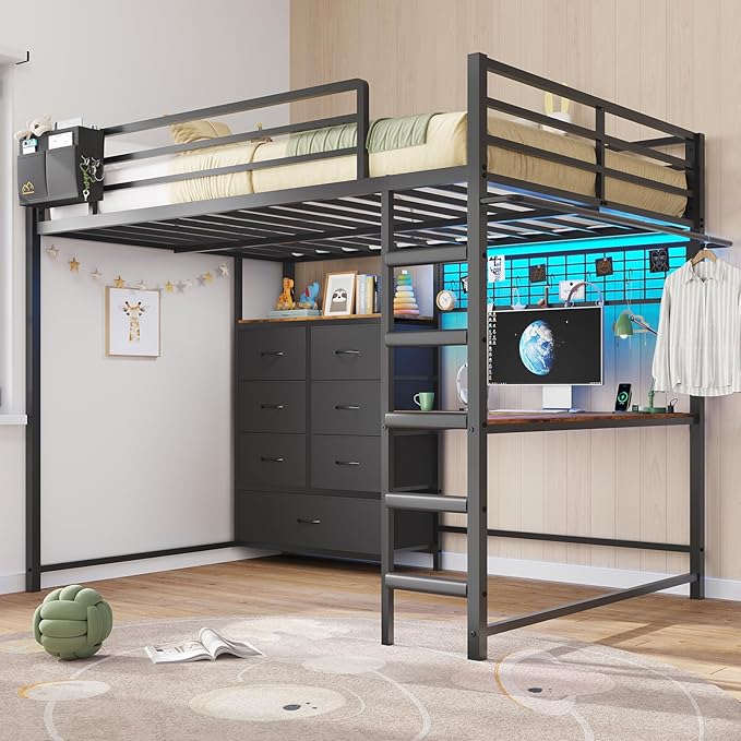 DICTAC Full Loft Bed with L-Shaped Desk and 7 Storage Drawers,Metal Full Size Loft Bed for Teen with LED Lights and Charging Station,13.11" H Safety Guardrail and Ladder,No Box Spring Needed, Black