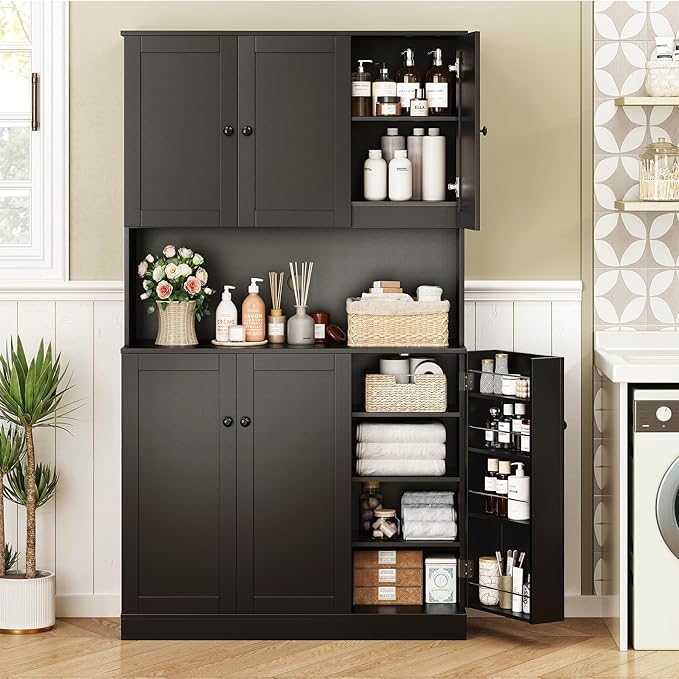 ONBRILL 71" Tall Kitchen Pantry Storage Cabinet with Microwave Stand & Door Shelf, Freestanding Kitchen Hutch with 6 Doors and Adjustable Shelves, Modern Food Pantry for Dining Room, Black