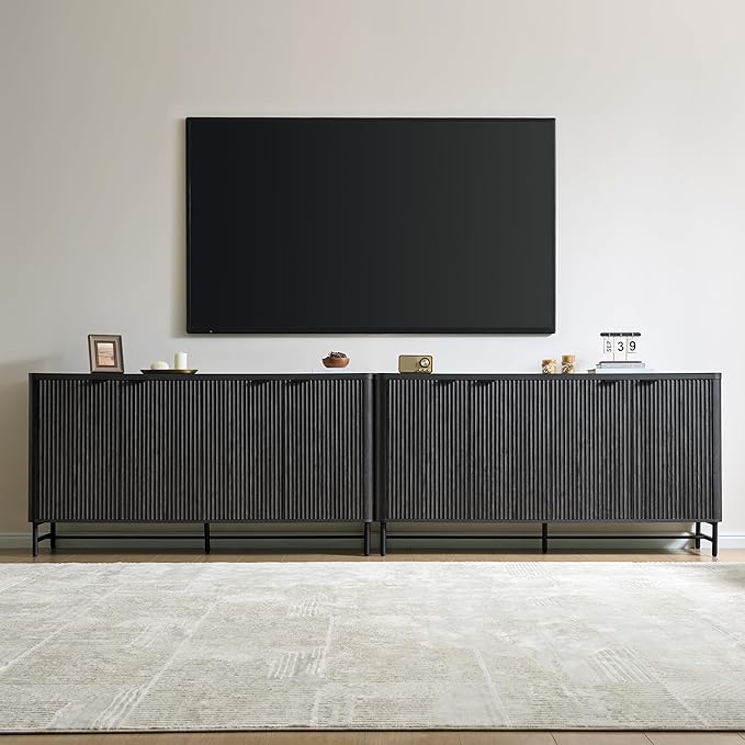 Fatmok 65" Buffet Cabinet with Storage, Fluted Credenza Sideboard with 4 Doors & Adjustable Shelves, Large Coffee Bar Console Table for Dining Room, Living Room, Entryway, Black Grey