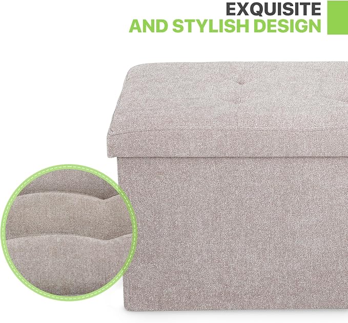 Magshion Folding Storage Ottoman Bench, 30 Inches Ottoman Foot Rest, End of Bed Bench, Storage Chest for Living Room, Entryway, Bedroom, 600 lbs Load Capacity, 15 x 30 x 15 Inches, Beige