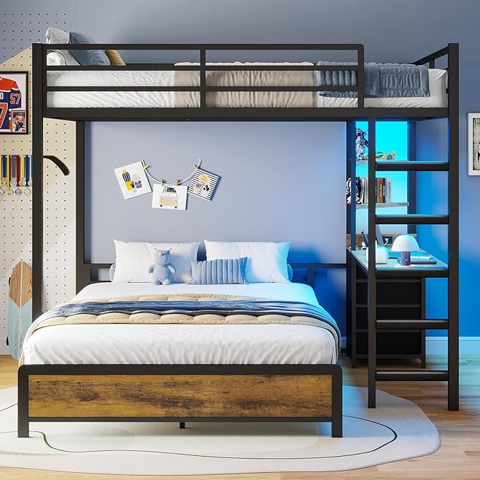ADORNEVE Bunk Bed with Desk, Full Over Full Bunk Beds with Charging Station & Led Lights, 4 Storage Drawers & 2 Open Storage Shelves, Metal Loft Bed with Safety Guardrail & Ladder for Kids/Teen, Black
