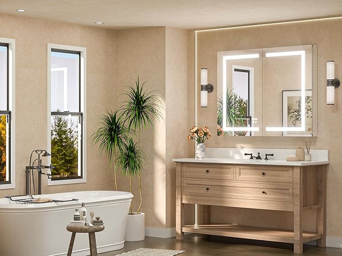 TETOTE Lighted Medicine Cabinet Mirror for Bathroom 40 x 32 LED Mirrored Medicine Cabinet with 3-Color Lights, 2 Door Tempered Glass Recessed or Surface Mount Cabinet, Outlets & USB, Adjustable Shelf