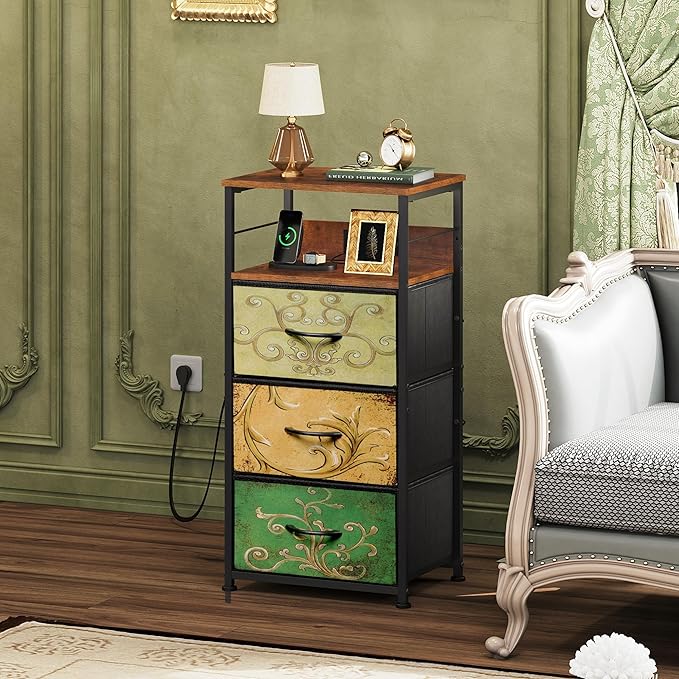 WLIVE Nightstand with Charging Station, 31.9" H Nightstand with 3 Fabric Drawers, LED Bedside Table with USB Ports and Outlets, End Table for Dorm, Bedroom, Entryway, Floral Painted