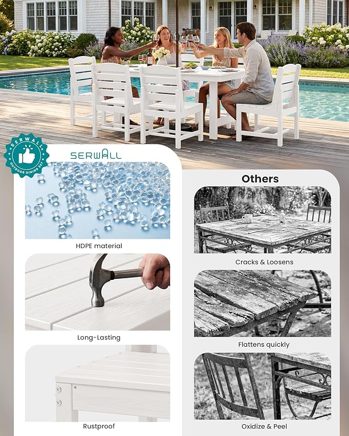 SERWALL Patio Dining Sets for 10 Person, HDPE Dining Set with 2 Tables, 8 Armless Chairs and 2 Armed Dining Chairs, White
