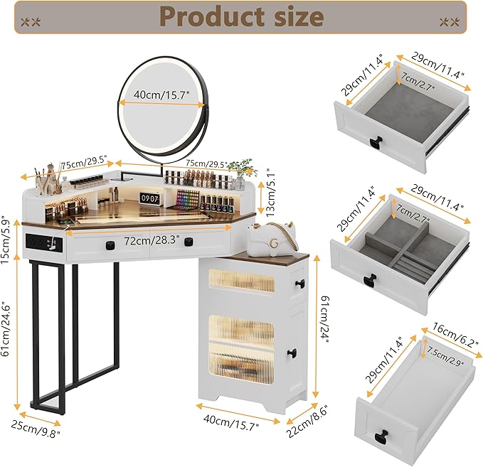 FREDEES Corner Vanity with Mirror and Lights,Modern Makeup Vanity Set with Charging Station for Bedroom/Cloakroom,Glass Top Vanity Table with Drawers and Shelves,White