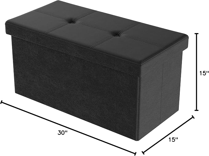 Storage Ottoman - 30-Inch Folding Faux Leather Footrest, Linen Chest, or Bench with Removable Bin for Living Room or Bedroom by Lavish Home (Black)