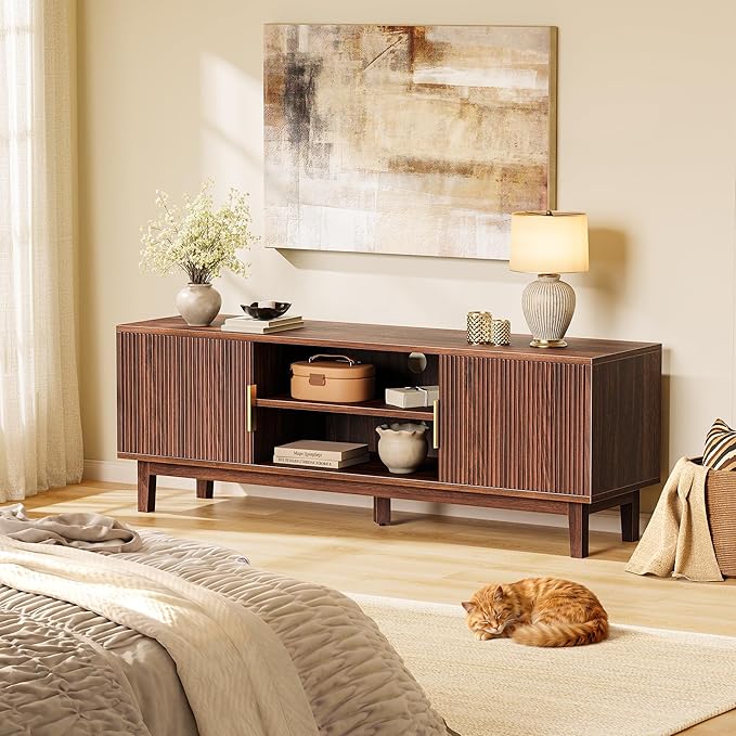 PRAISUN 54 Inch Fluted TV Stand for TVs Up to 55, 60 Inch, Mid Century Modern Entertainment Center with Storage, TV Console with Adjustable Shelves, Midea Console for Living Room Bedroom, Brown
