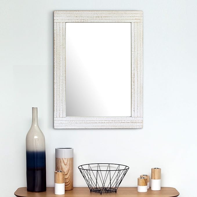 Stonebriar 24" x 18" Rectangle Worn White Wood Frame Wall Mirror with Attached Hanging Brackets, Decorative Country Rustic Decor for the Living Room, Bedroom, Bathroom, Hallway, and Entryway