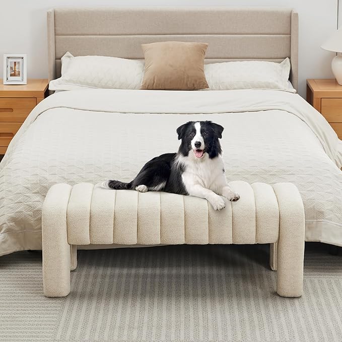 43’’ Bedroom Bench, Upholstered End of Bed Bench with Solid Wood Legs, Modern Small Dining Bench with Full Covered Fabrics for Entryway, Bedroom, Living Room (Beige, Linen)