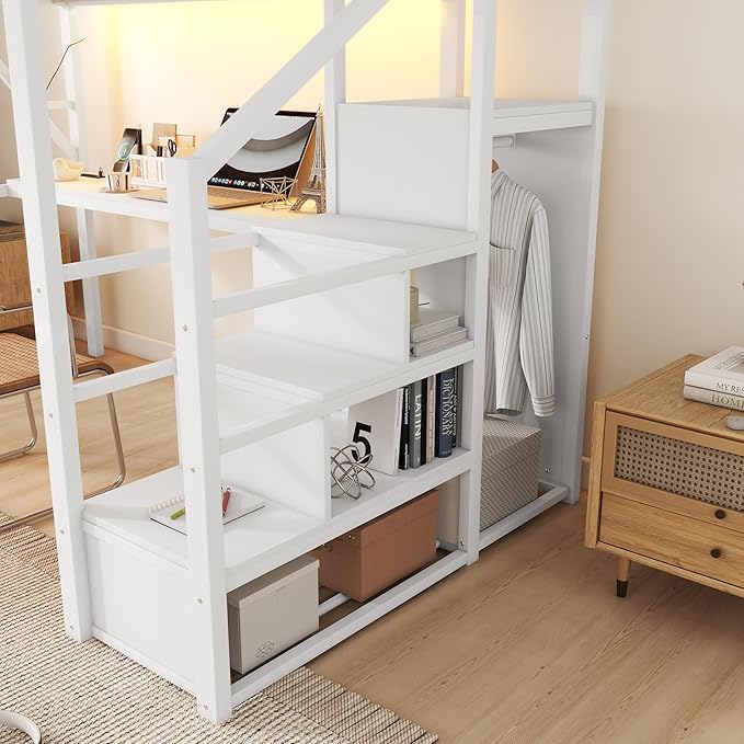 KEIKI Full Size Metal Loft Bed Frame with Desk, Staircase, Built-in Storage Shelves and Wardrobe, Modern Loft Bed with Solid Slats, Guardrail, No Box Spring Required, Easy Assembly, for Bedroom, White
