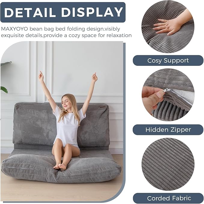 MAXYOYO Folding Sofa Bed, Extra Thick and Long Floor Sofa Convertible Sleeper Chair with Washable Cover, Floor Couch Lounge Bean Bag Bed for Living Room, Grey, 39x95 Inch