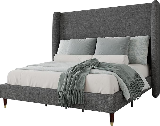Jocisland King Size Bed Frame 51.2" Wingback Headboard Linen Upholstered Platform Bed,Solid Wood Legs & Wooden Slats,No Box Spring Needed,Noise-Free,for Family Master Suite Cozy Home,Dark Grey