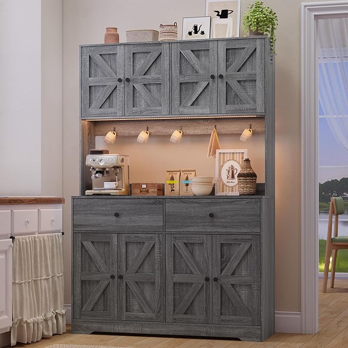 71" Kitchen Pantry Cabinet with Charging Station, Pantry Storage Cabinet Farmhouse Kitchen Hutch with Microwave Stand, Coffee Bar Station with Doors and Adjustable Shelves for Kitchen, Grey