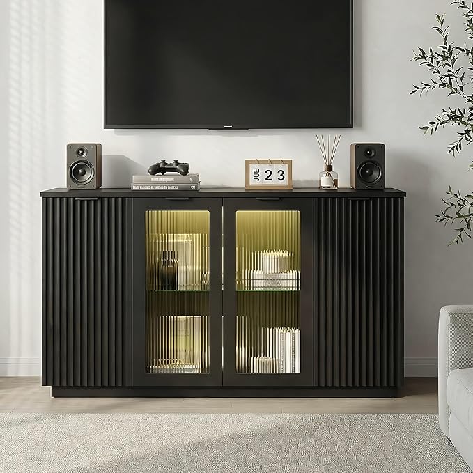Einhomn 55" Sideboard Fluted Buffet Cabinet with Storage, Glass Doors & Led Lights, Coffee Bar Station with Adjustable Shelves, Modern Wood Cabinet for Kitchen, Living Room, Black
