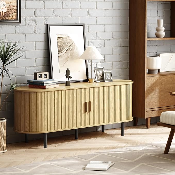 ONBRILL 55" TV Stand with Power Outlet for TVs up to 60 Inch, Entertainment Center with Storage and Adjustable Shelves, Modern Media Console with Sliding Doors for Living Room, Oak