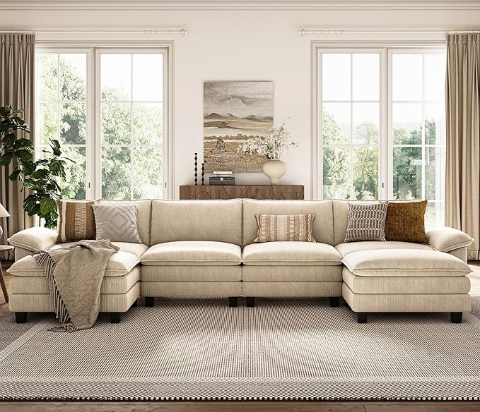 LINSY HOME 157" Modular U-Shaped Sectional Sofa, 4-Seat Corduroy Modern Cloud Couch with Deep Seat & 2 Movable Ottoman, Perfect for Living Room, Office, Bedroom, Beige