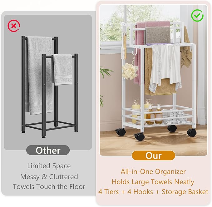 Gewudraw Free Standing Towel Rack, Pool Towel Rack, 4-Tier Blanket Stand with Shelf, Bathroom Towel Drying Rack with 4 Hooks, Rust-Resistant Drying Rack Indoor/Outdoor, White