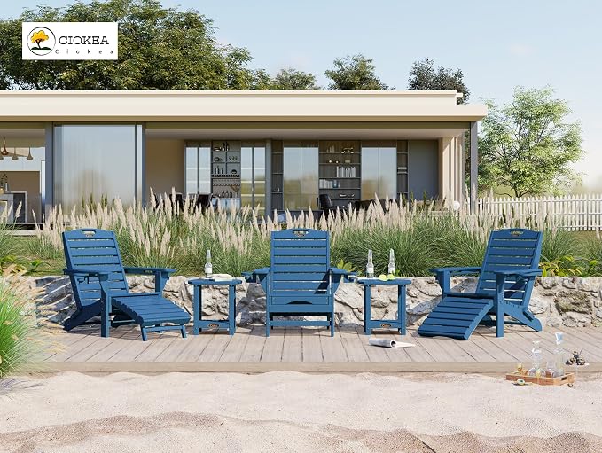 Ciokea Folding Adirondack Chair Set of 2 with Retractable Ottoman Fire Pit Patio Chair with Pull Out Foot Rest Weather Resistant Lawn Outdoor Chair with 2 Cup Holder(Navy Blue)