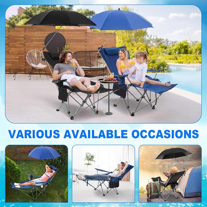 Yuntau 2 Set Reclining Beach Chairs with UPF 50+ Umbrellas Shade, Upgraded Heavy Duty Portable Folding Lounge Camping Chair with Canopy Removable Footrest & Headrest for Outdoor Patio(Black,Blue)