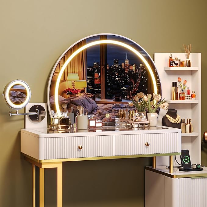 Einhomn Vanity Desk w/5x Magnifying Mirror, Fluted Makeup Vanity w/Mirror and Lights, Glass Top Vanity, Dressing Table w/Power Outlet & Drawers, Adjustable Shelves for Bedroom, Women & Girls, White