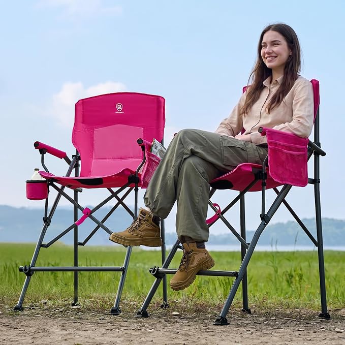EVER ADVANCED Tall Camping Directors Chair with Cup Holder 31", Bar Height Folding Chair for Camping, Sports with Carry Bag, Mesh Pockets and Footrest, Heavy Duty 300 lbs, Pink