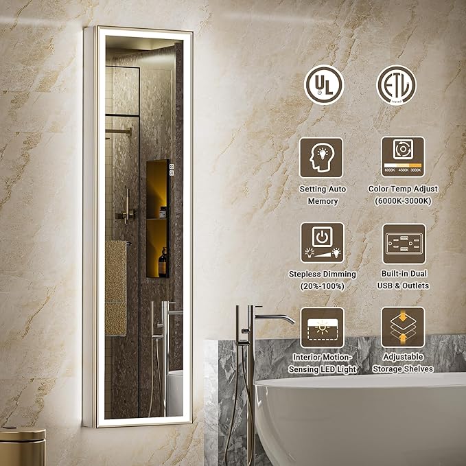 16"x60" Tall Lighted Medicine Cabinet with Mirror & Brush Nickel Bevel Frame, Surface or Recessed LED Mirror Cabinet with Outlet, 5-Tier Adjustable Shelf & Sensor Inner Light (Right Hinge)