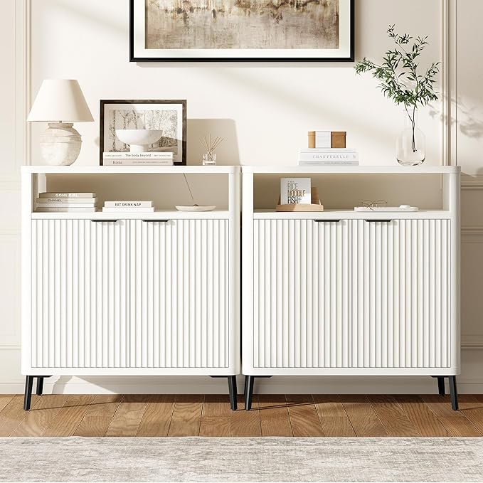 Fatmok Fluted Buffet Cabinet with Storage, 31.4" Wide Wood Sideboard Credenza with 2 Doors & Open Storage Shelf, Modern Coffee Bar Table for Living Room Kitchen Dining Room,White