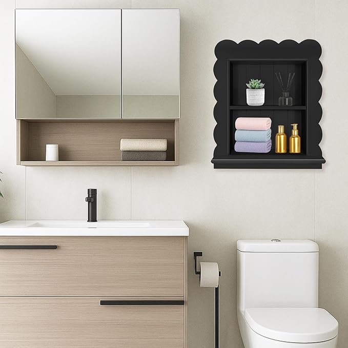 Royxen 14"x18" Recessed Medicine Cabinet, 2-Tier Wooden Bathroom Wall Cabinets Without Mirror,Scalloped Large Medicine Cabinet Niche for Bathroom Storage Organizer (Black, 14 x 18 Inch)