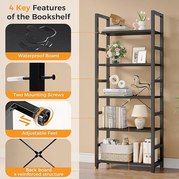 DUMOS 5-Tier Bookshelf, Modern Tall Bookcase, Open Storage Display Shelf for Living Room, Bedroom, Home Office, Narrow Standing Shelving Unit for Books, CDs, Décor,Modern Black