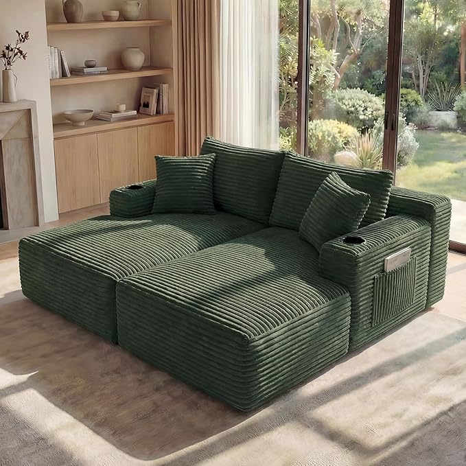 125 Inch Modular Sectional Sofa, Cloud Couch Oversized U Shaped Corduroy Sofa with Storage & Cupholders, Modern Deep Seat Boneless Couches for Living Room, No Assembly Required, Green