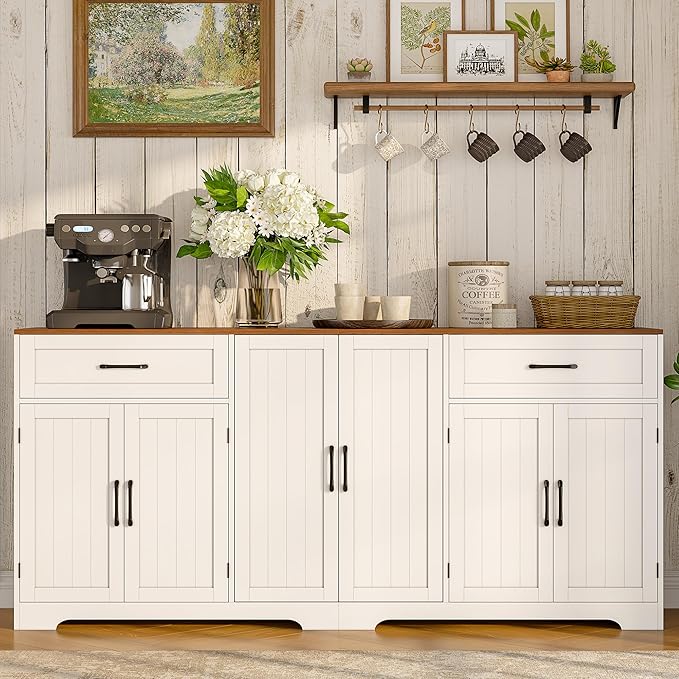Whalefall 71" Farmhouse Sideboard Buffet Cabinet with Storage, Large Coffee Bar with 2 Drawers & 6 Doors, Kitchen Storage Credenza with Adjustable Shelves for Dining Room, White