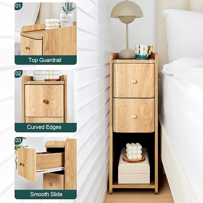 Narrow End Table Bedroom, Wooden Small 2 Drawer Nightstand, Thin Couch Side End Table, Skinny Bedside Table Small Spaces, Mid Century Modern Night Stand with Drawers (Natural-1 pc)