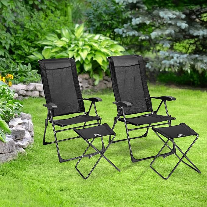 Giantex 4 Pcs Folding Patio Chairs with Footrest, Adjustable Back, 2 Pack Outdoor Portable Sling Patio Dining Chairs for Camping Lawn Bistro Porch Garden Yard Pool