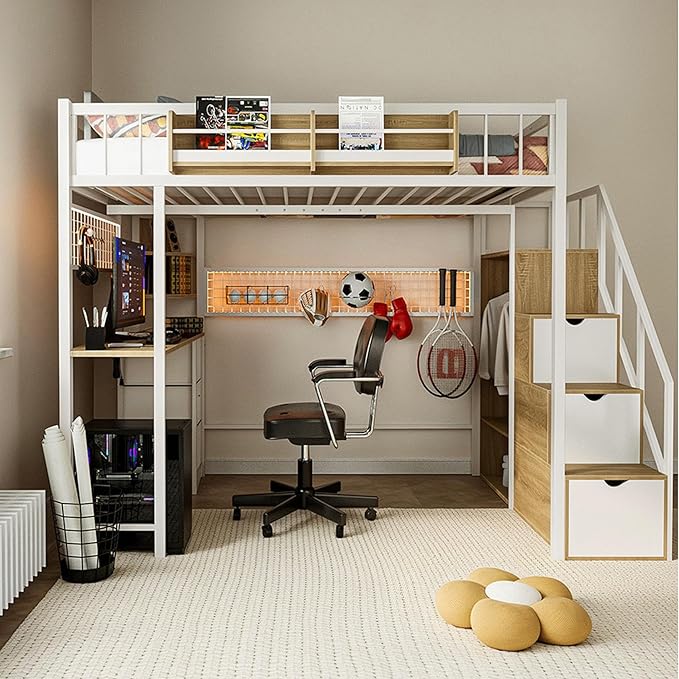 Kikihouse Twin Loft Bed with Desk, Storage Stairs & Wardrobe, Metal Loft Bed Frame w/Headboard, Bedside Shelf, Charging Station & 6 Drawers, LED Gaming Bed for Adult Space-Saving