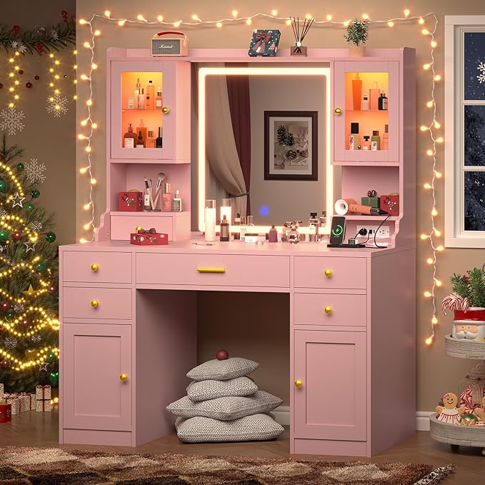 CSZZD Vanity Desk with LED Lighted Mirror, 41.3" Makeup Vanity Table with Power Outlet and 6 Drawers & Storage Shelves for Bedroom, Dressing Table with RGB Cabinets, Pink