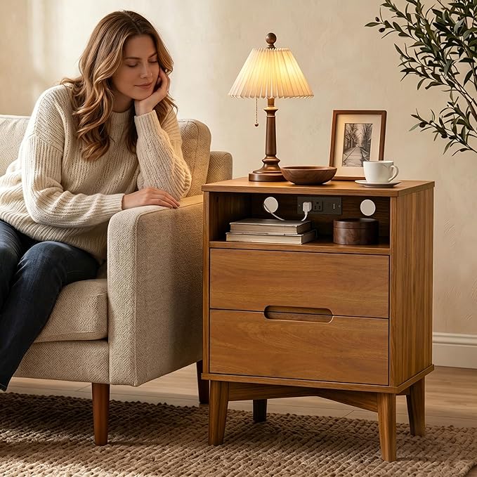 26" Tall Wood Nightstand Set of 2 with Charging Station & USB-C, Mid Century Modern Bedside Table with Solid Wood Legs, Caramel Walnut Finish with 2 Drawers