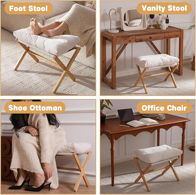 Baveke Ottoman Foot Rest- Bamboo Foldable Stool, Foot Stools Small Ottman with Upholstered & X Legs, Folding Stool for Makeup, Bedroom and Living Room (Large Beige)