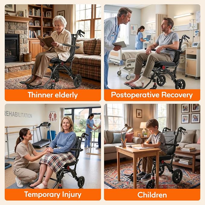 SOFTFISH Transport Wheelchair with Ergonomic Seat & Pull Rod, 1s Foot-fold Wheelchairs for Adults with Foldable Armrest & Footrest, Carbon Fiber Aluminum Frame Travel Transport Chair for Seniors