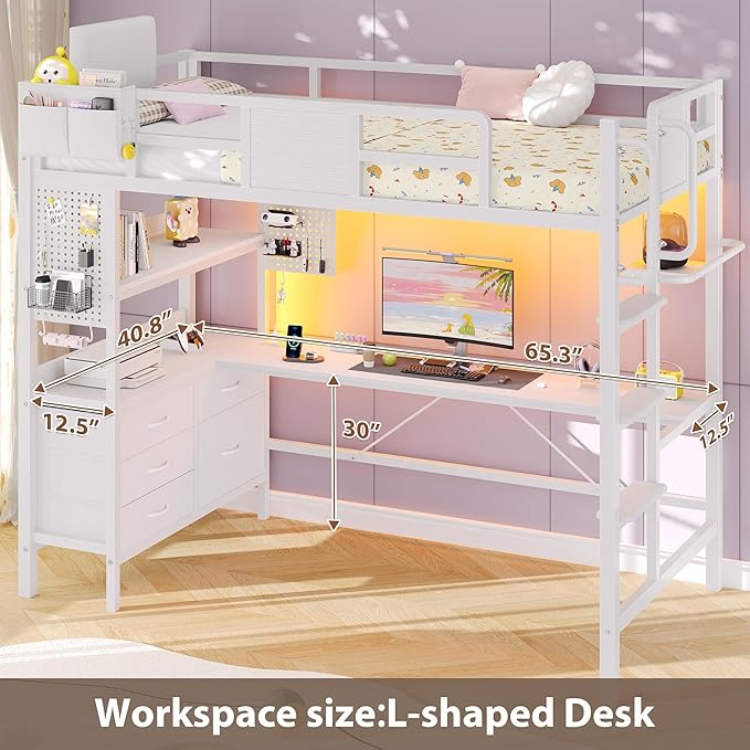 Dnxao Loft Bed Twin Size with L-Shaped Desk, Heavy-Duty Metal Twin Loft Bed with 5 Storage Drawers, LED Lights & Charging Station, Reinforced Stable Structure for Small Room Dorm Apartment, White