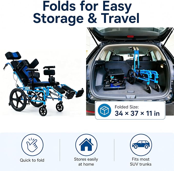 Full Reclining Pediatric Wheelchair – Heavy Duty Folding Kids Wheelchair with Headrest, Meal Tray & Elevating Footrest, Medical Mobility Chair for Home, Travel & Rehabilitation (Blue)