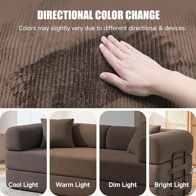 79" Compressed Sofa, Convertible Sofa Bed, Corduroy Compression Boneless Couch with Pillow, Comfy Modular Foldable Floor Sleeper Sofa for Bedroom, Living Room, Lounge, Studio (Brown)