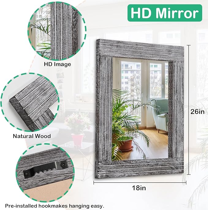 Wall Mirror Rustic Wooden Frame Rectangle Mirror Vintage Hanging Mirror for Bedroom Bathroom Living Room Farmhouse Wall Decor Large 26" x 18"