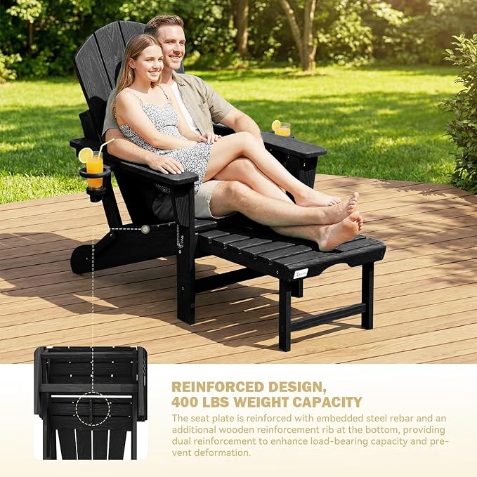 Mdeam 3-Level Adjustable Adirondack Chair with Retractable Ottoman, HDPE All-Weather Folding Fire Pit Chair with 2 Cup Holders, Outdoor Chair for Deck Patio Garden Backyard Lawn (Black)