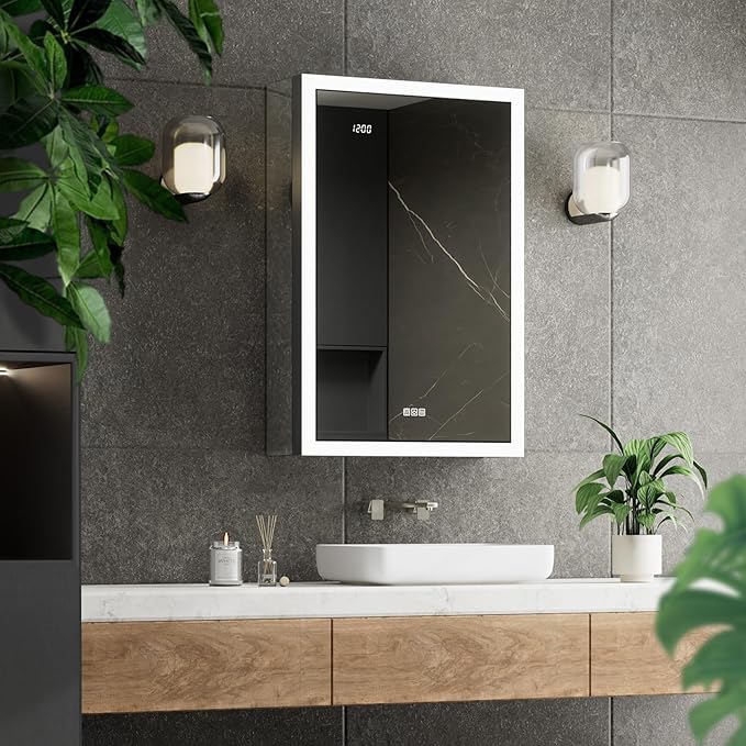 LED Medicine Cabinet with Mirror, 24x32 Surface or Recessed Lighted Medicine Cabinet with Mirror, Dimmable Fogless Aluminum Medicine Cabinet with Outlet, Time Display& Built-in Sensing Light