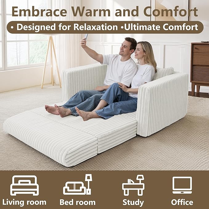 HABUTWAY 49.8" Loveseat Boneless Couch, 4-in-1 Convertible Sofa Bed, Plush Fur Folding Futon Sofa Bed Couches with a Pillow for Living Room, High-Density Foam Support, No Assembly Required, Beige