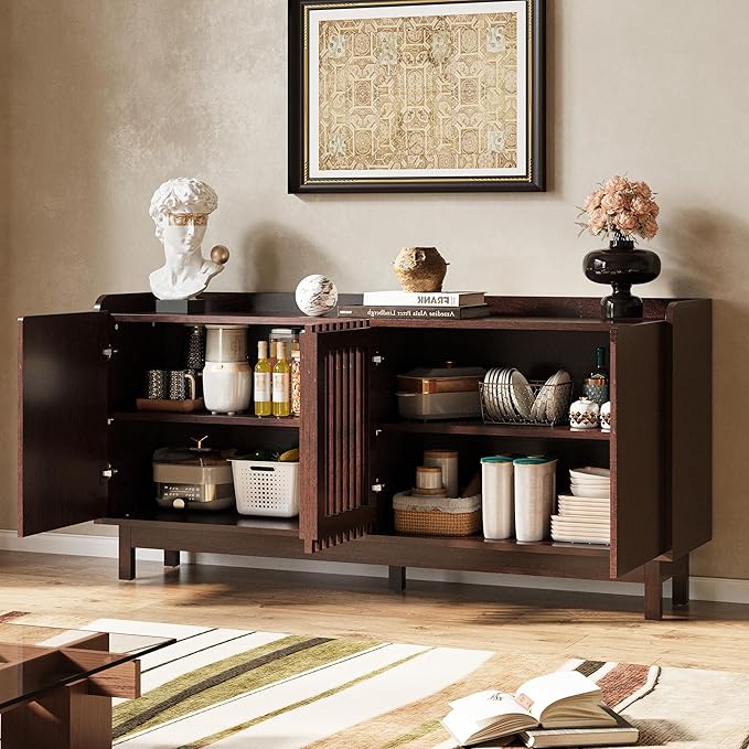 IRONCK 63" Storage Cabinet, Buffet Cabinet with Grille Doors and 2 Adjustable Shelves, Mid Century Sideboard for Kitchen, Dining Room, Entryway(Natural Red Walnut)