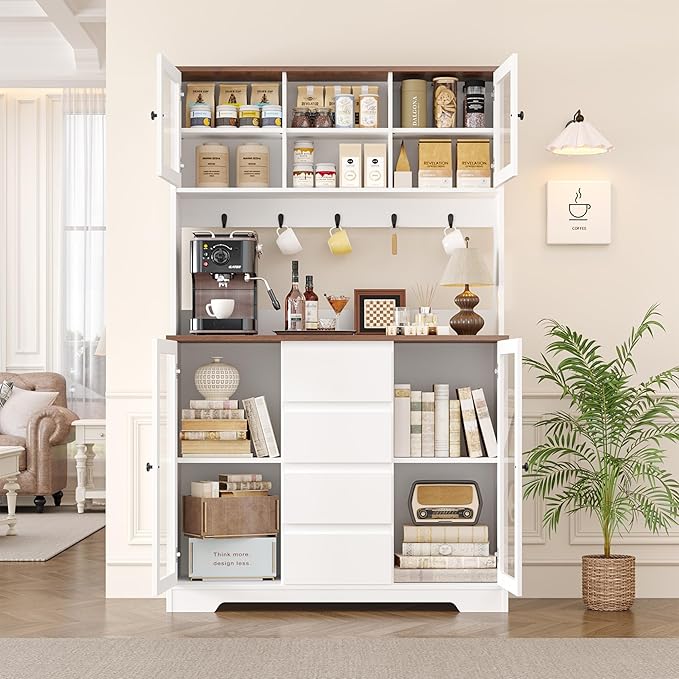 HIFIT 71" Tall Coffee Bar Cabinet with Storage and Large Countertop, Kitchen Hutch with 4 Drawers & 5 Metal Hooks & 4 Doors & Microwave Stand, White Kitchen Pantry Cabinet for Dining Room