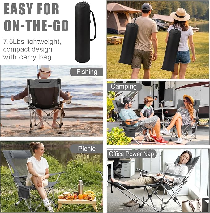 Colingmill 2 Pcs 2 in 1 Reclining Camping Chair with Footrest for Adults Folding Lounger Mesh Beach Chair Adjustable Backrest Lightweight Lawn Chairs for Camping Tailgates Outdoor Beach(Gray)